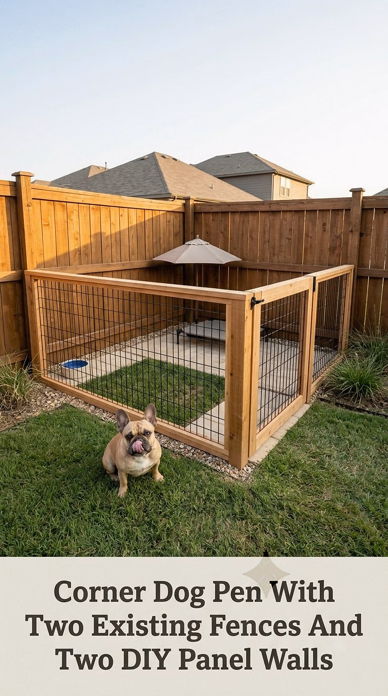 Corner Dog Pen With Two Existing Fences And Two DIY Panel Walls