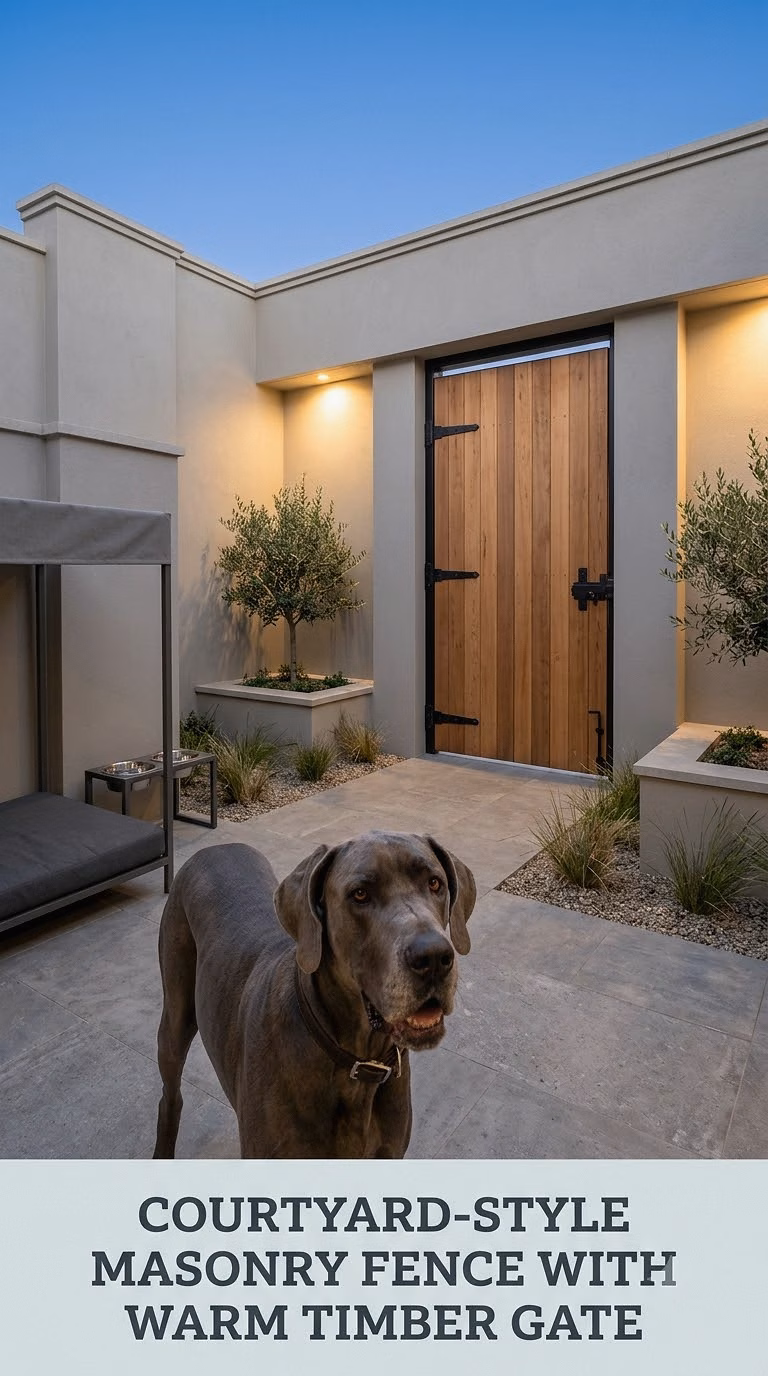 Courtyard-Style Masonry Fence With Warm Timber Gate