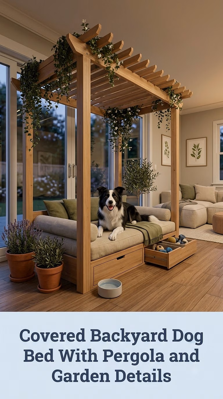 Covered Backyard Dog Bed With Pergola and Garden Details