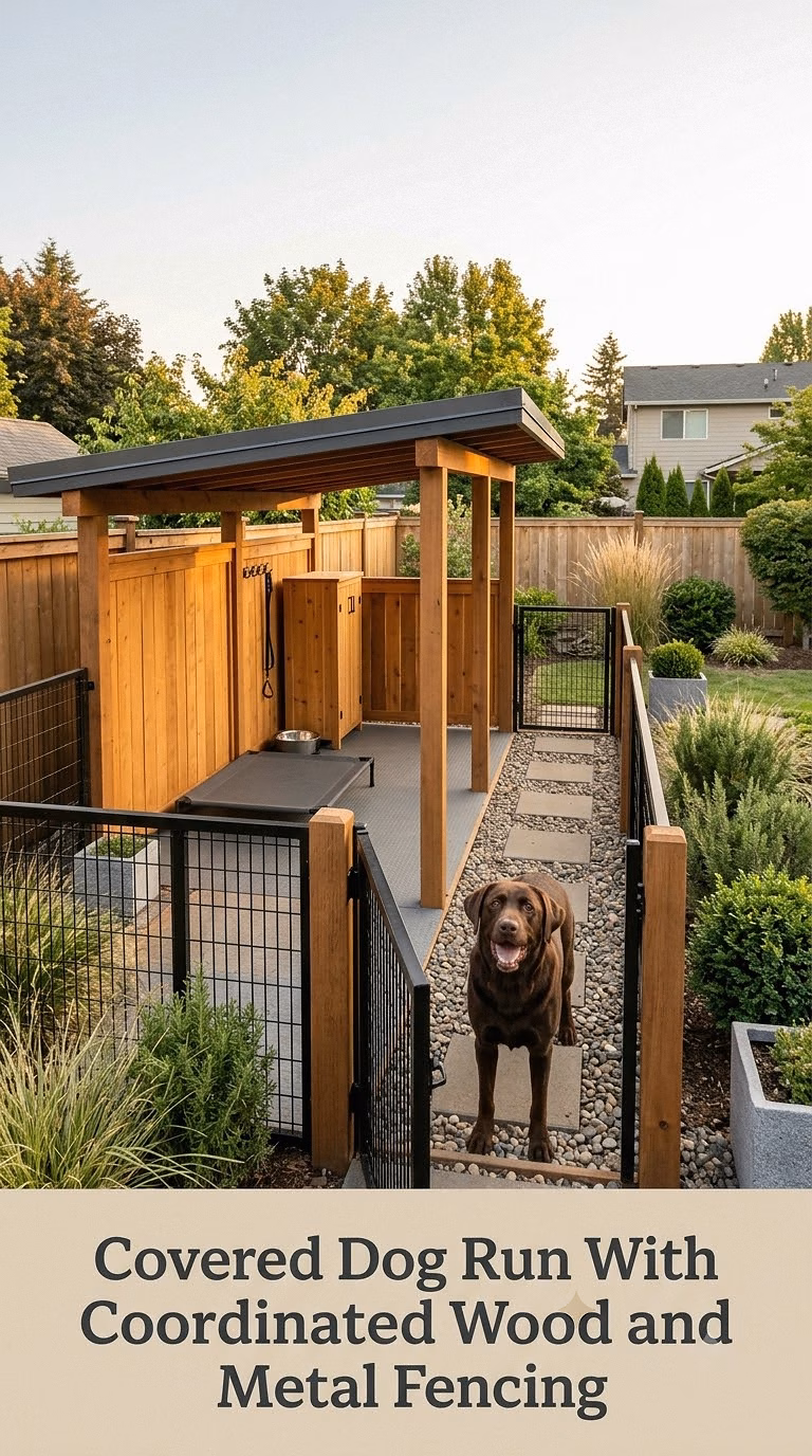 Covered Dog Run With Coordinated Wood and Metal Fencing