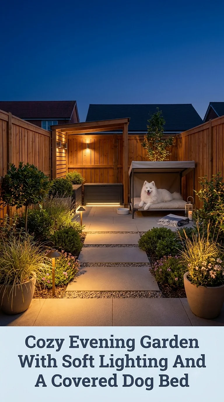 Cozy Evening Garden With Soft Lighting And A Covered Dog Bed