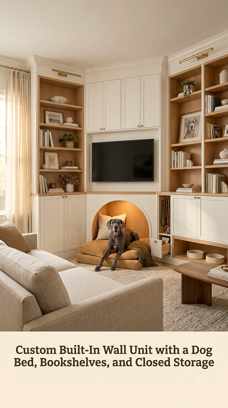 18. Custom Built-In Wall Unit with a Dog Bed, Bookshelves, and Closed Storage