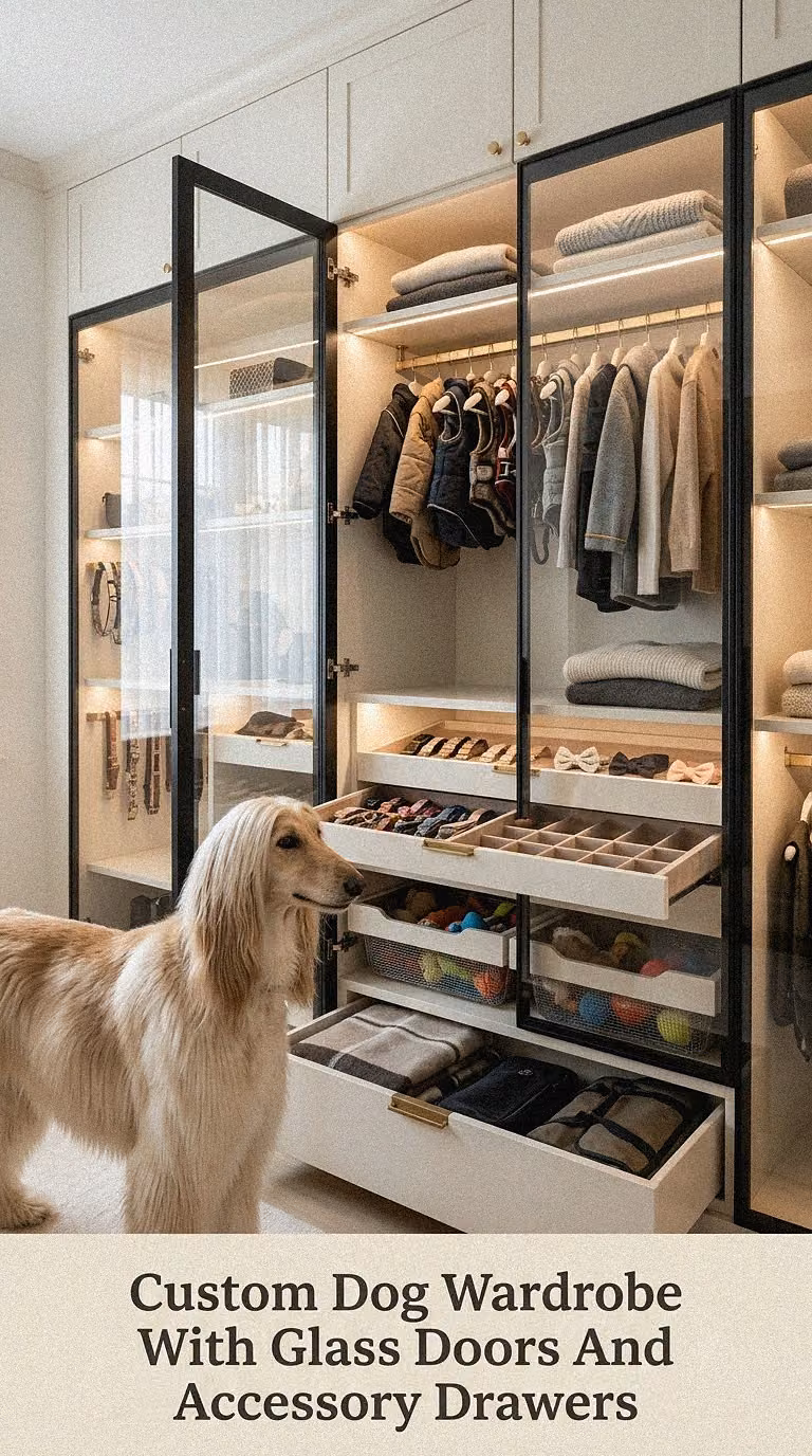 Custom Dog Wardrobe With Glass Doors And Accessory Drawers
