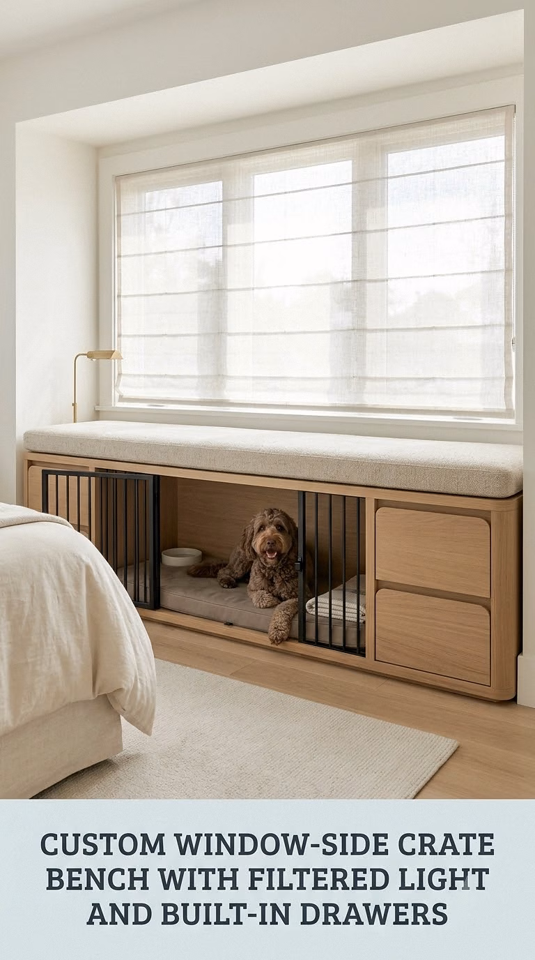 Custom Window-Side Crate Bench With Filtered Light and Built-In Drawers