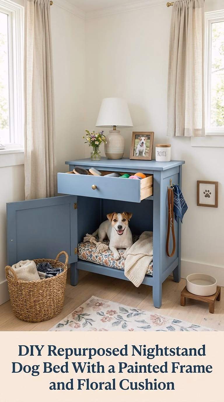 18. DIY Repurposed Nightstand Dog Bed With a Painted Frame and Floral Cushion