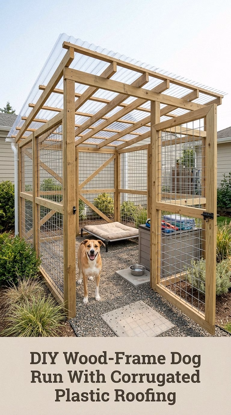 DIY Wood-Frame Dog Run With Corrugated Plastic Roofing
