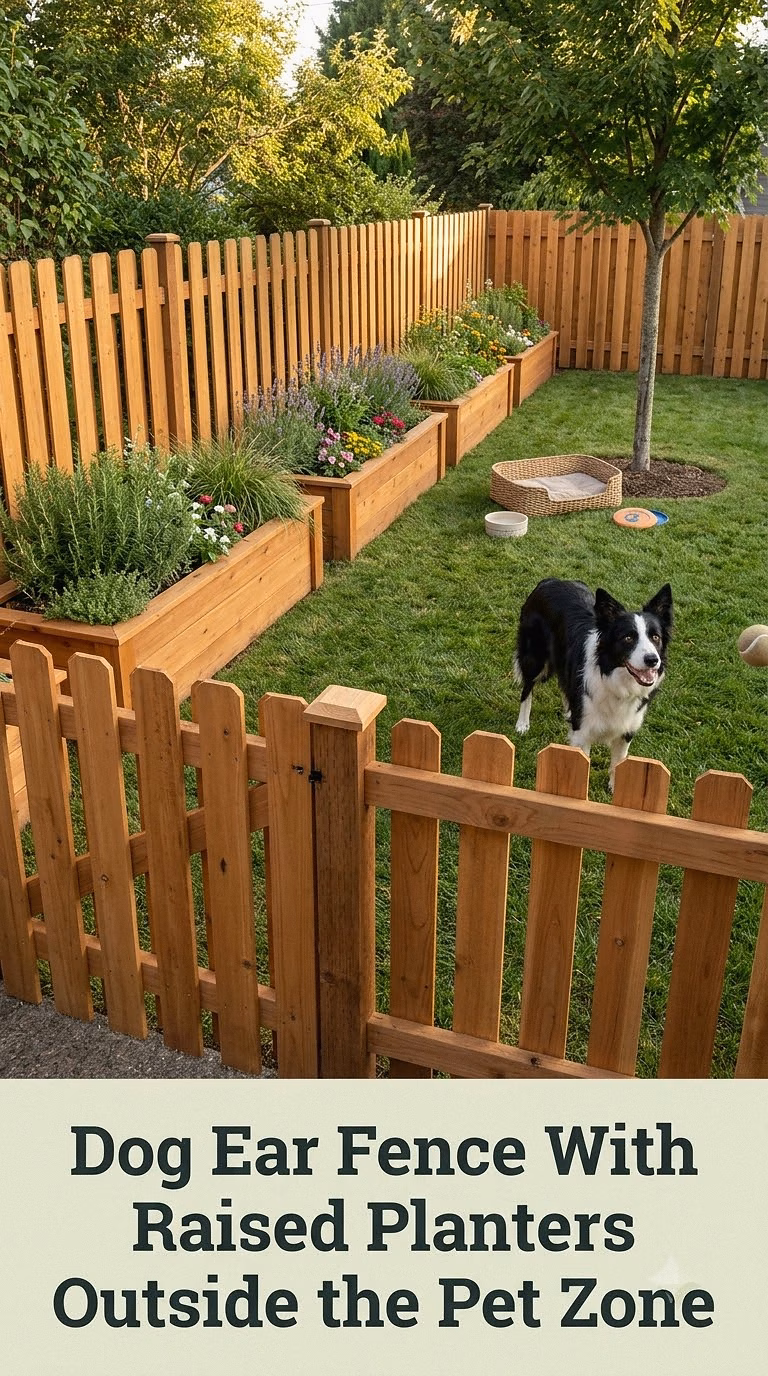 Dog Ear Fence With Raised Planters Outside the Pet Zone