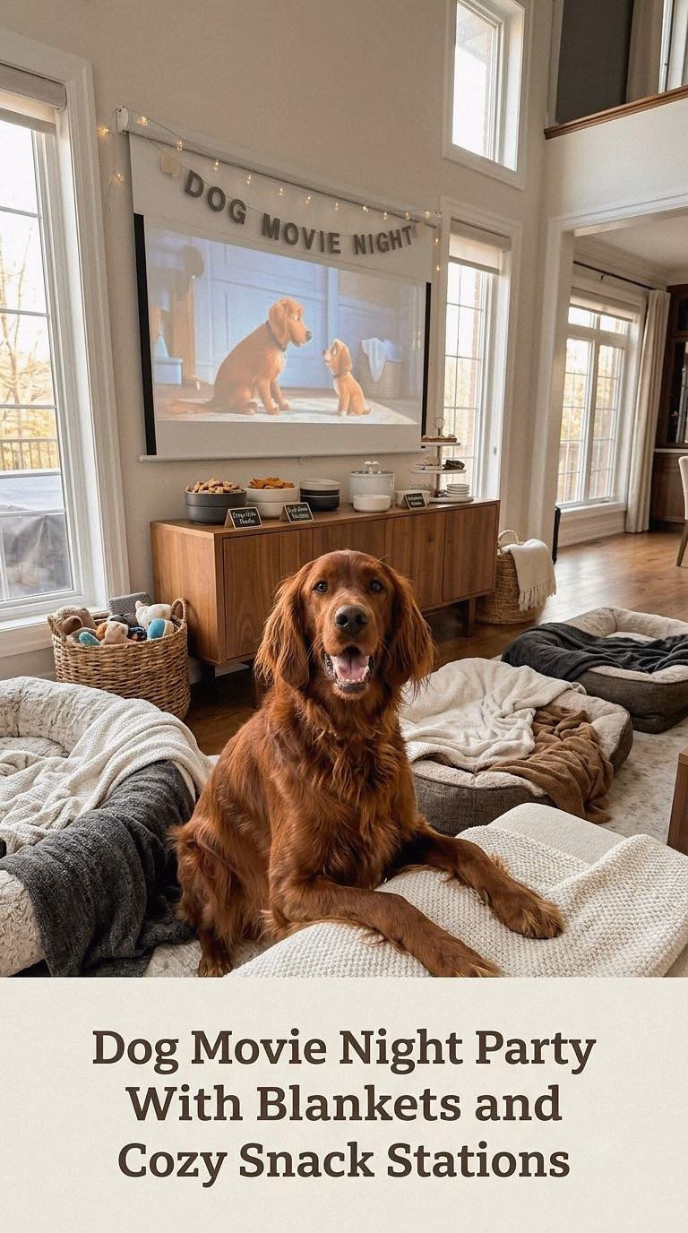 Dog Movie Night Party With Blankets and Cozy Snack Stations