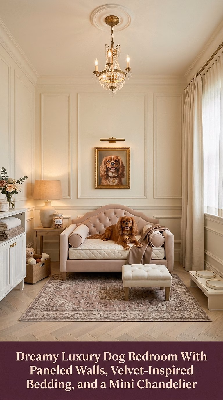 18. Dreamy Luxury Dog Bedroom With Paneled Walls, Velvet-Inspired Bedding, and a Mini Chandelier