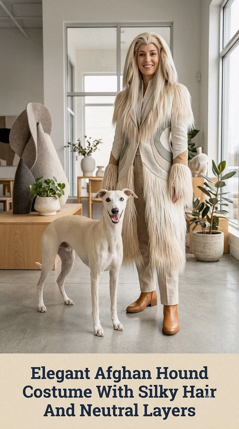 Elegant Afghan Hound Costume With Silky Hair And Neutral Layers