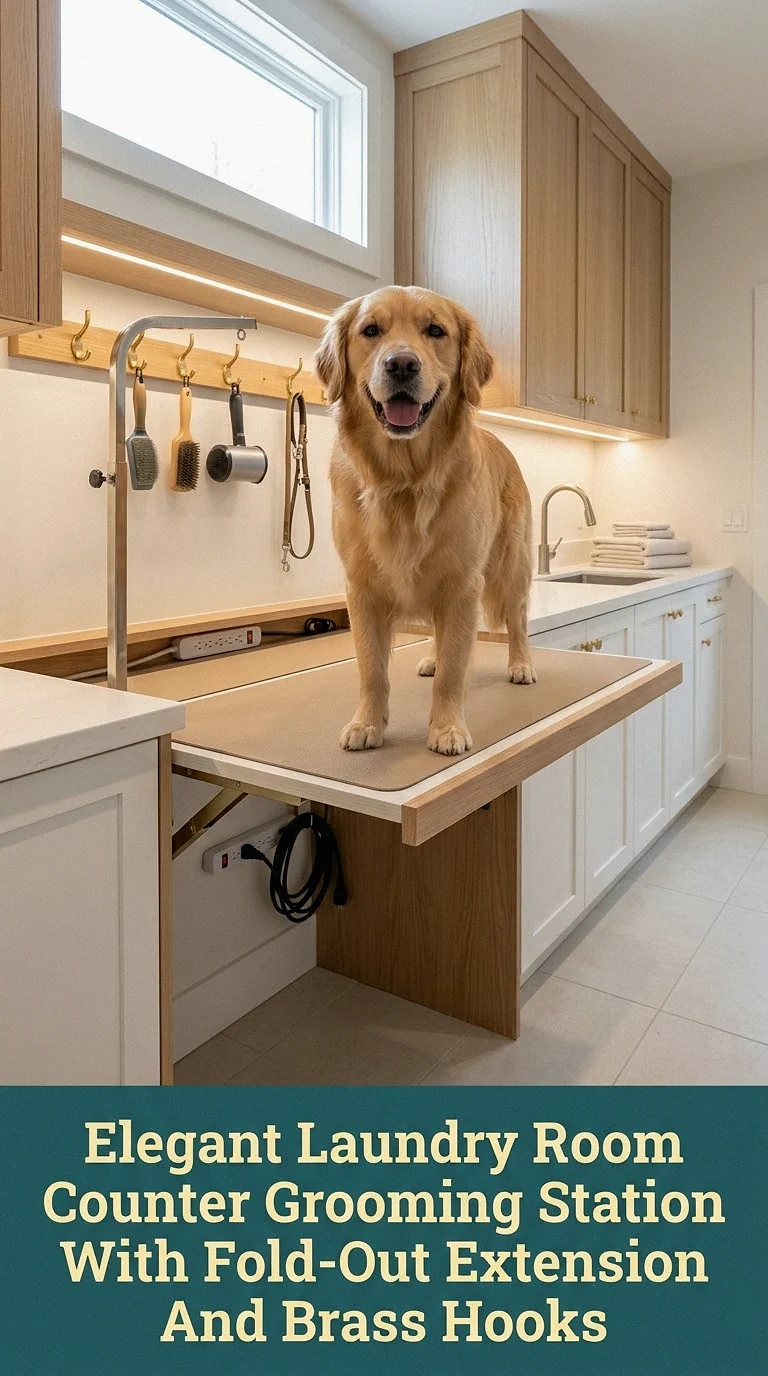 Elegant Laundry Room Counter Grooming Station With Fold-Out Extension And Brass Hooks