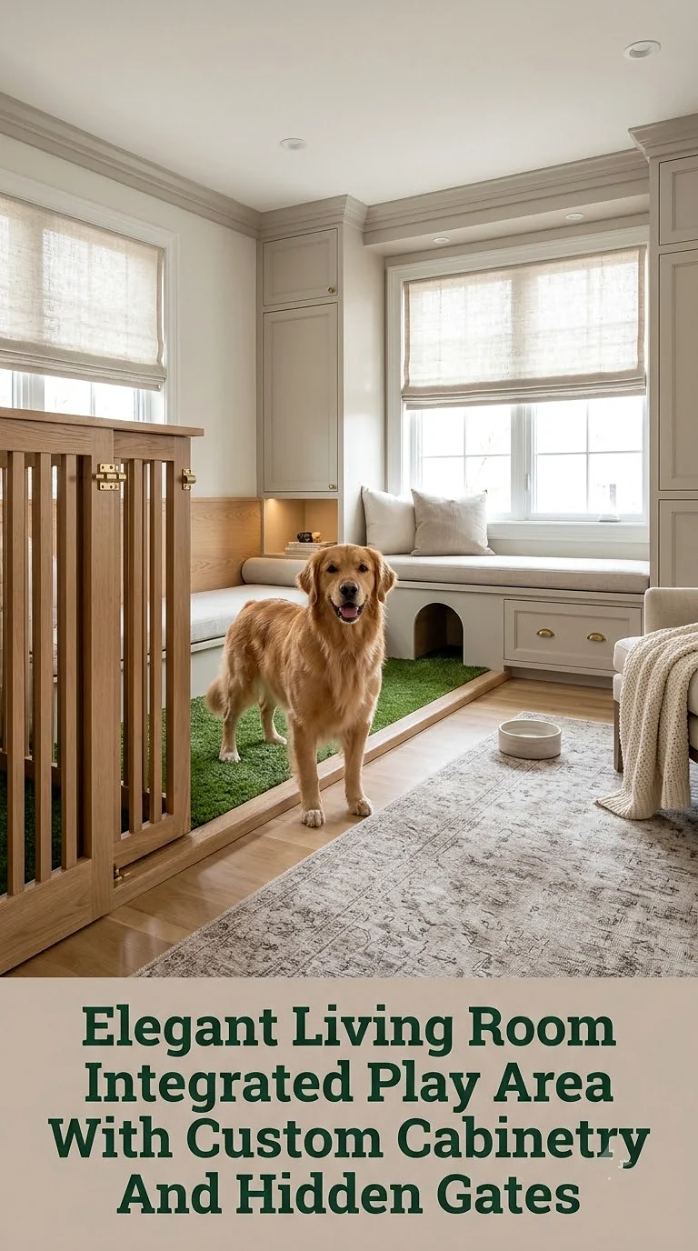 Elegant Living Room Integrated Play Area With Custom Cabinetry And Hidden Gates