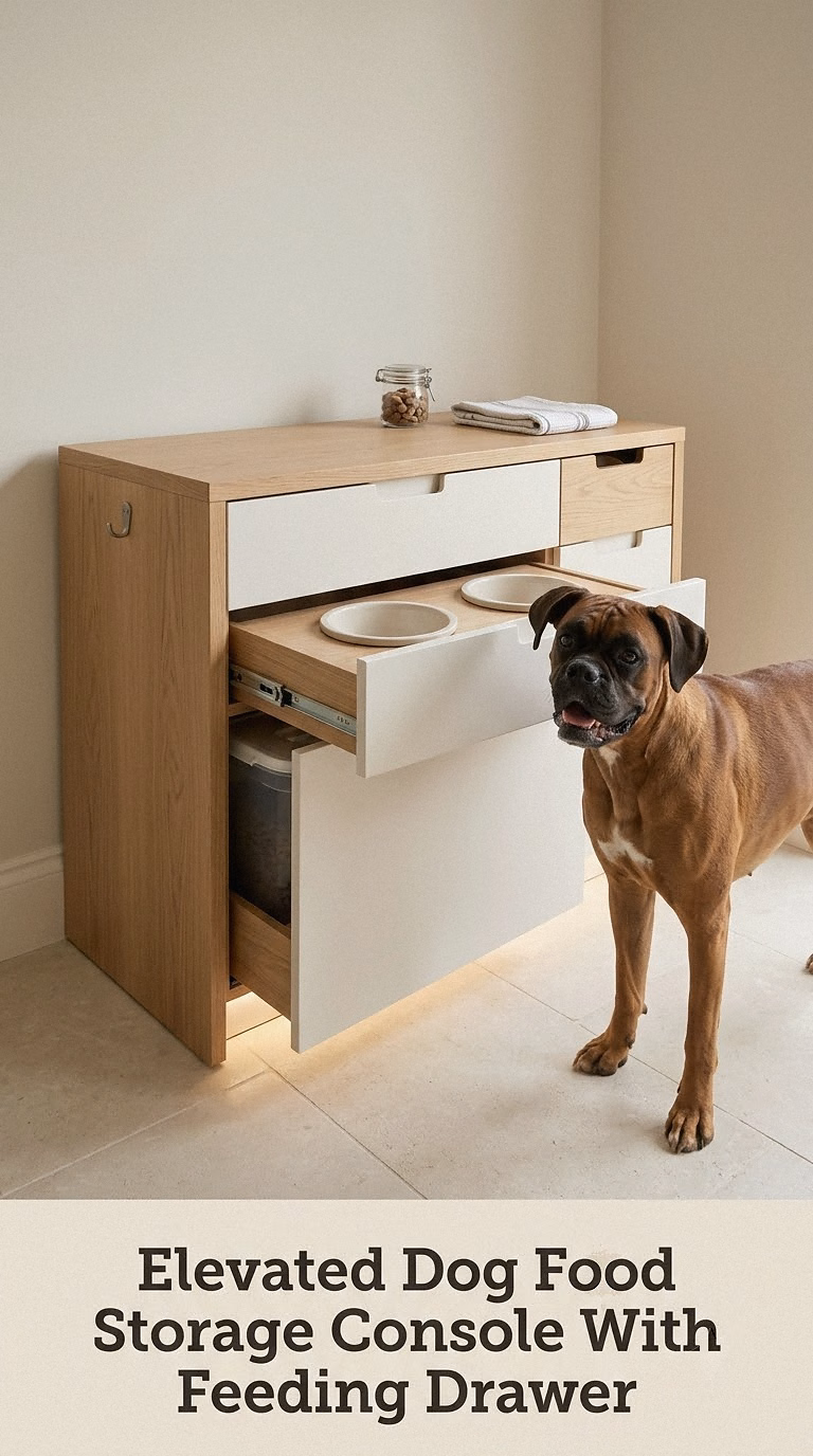 Elevated Dog Food Storage Console With Feeding Drawer