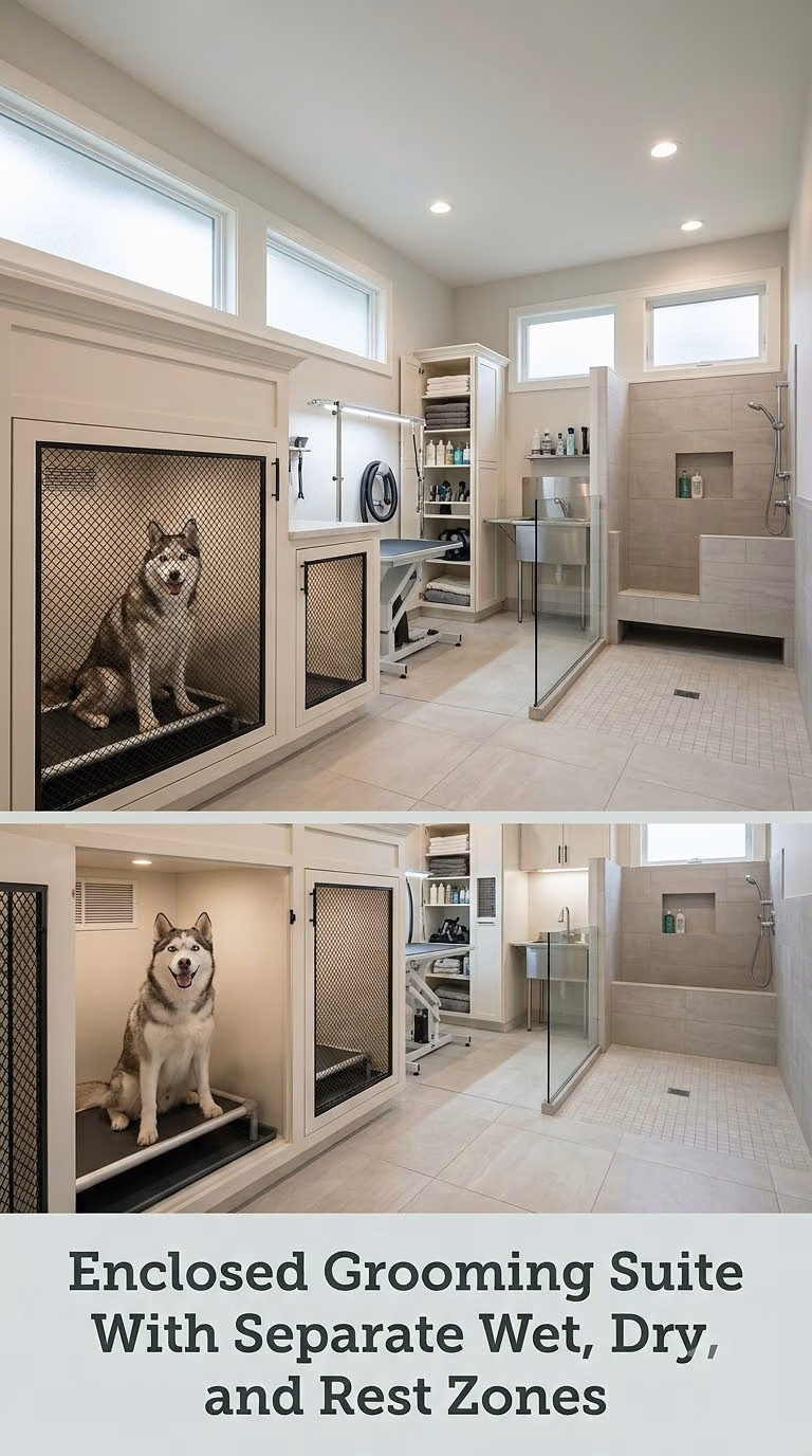 Enclosed Grooming Suite With Separate Wet, Dry, and Rest Zones