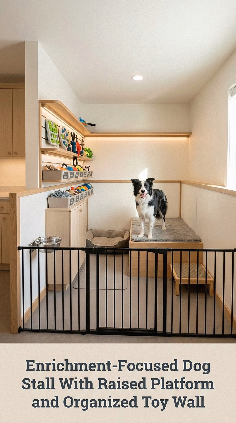 Enrichment-Focused Dog Stall With Raised Platform and Organized Toy Wall