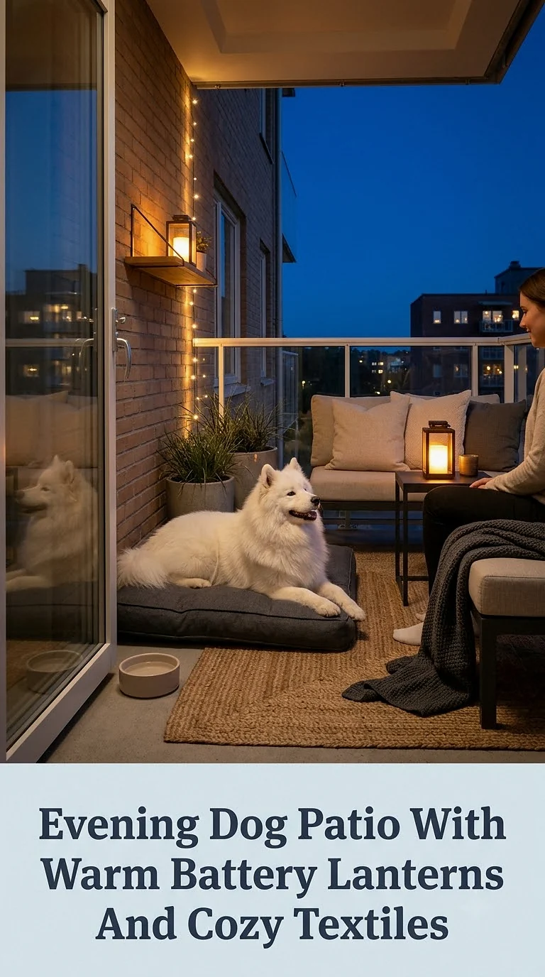 Evening Dog Patio With Warm Battery Lanterns And Cozy Textiles