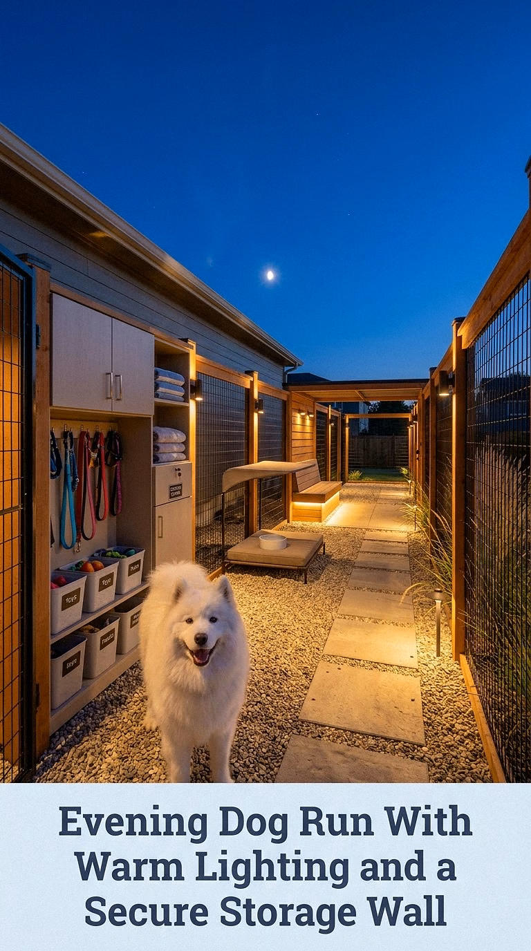 Evening Dog Run With Warm Lighting and a Secure Storage Wall