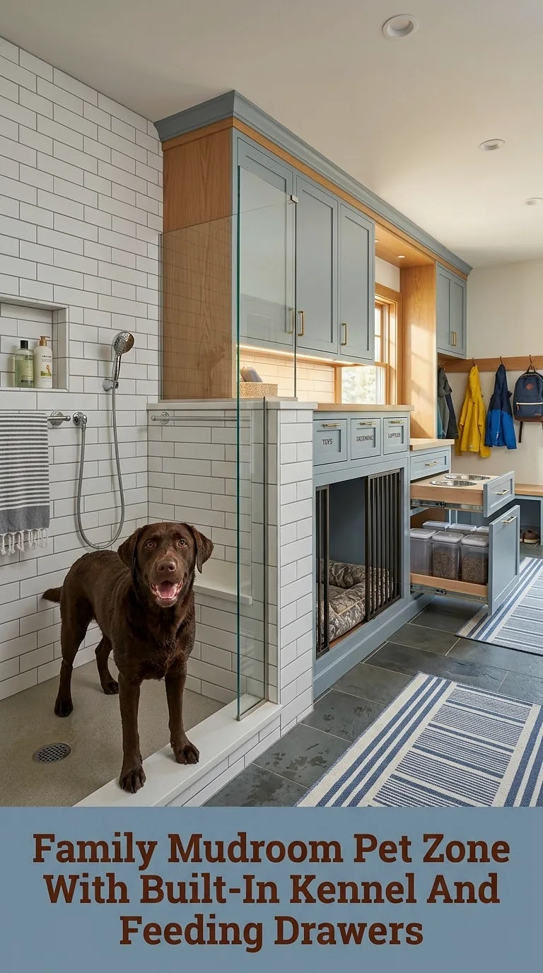 Family Mudroom Pet Zone With Built-In Kennel And Feeding Drawers