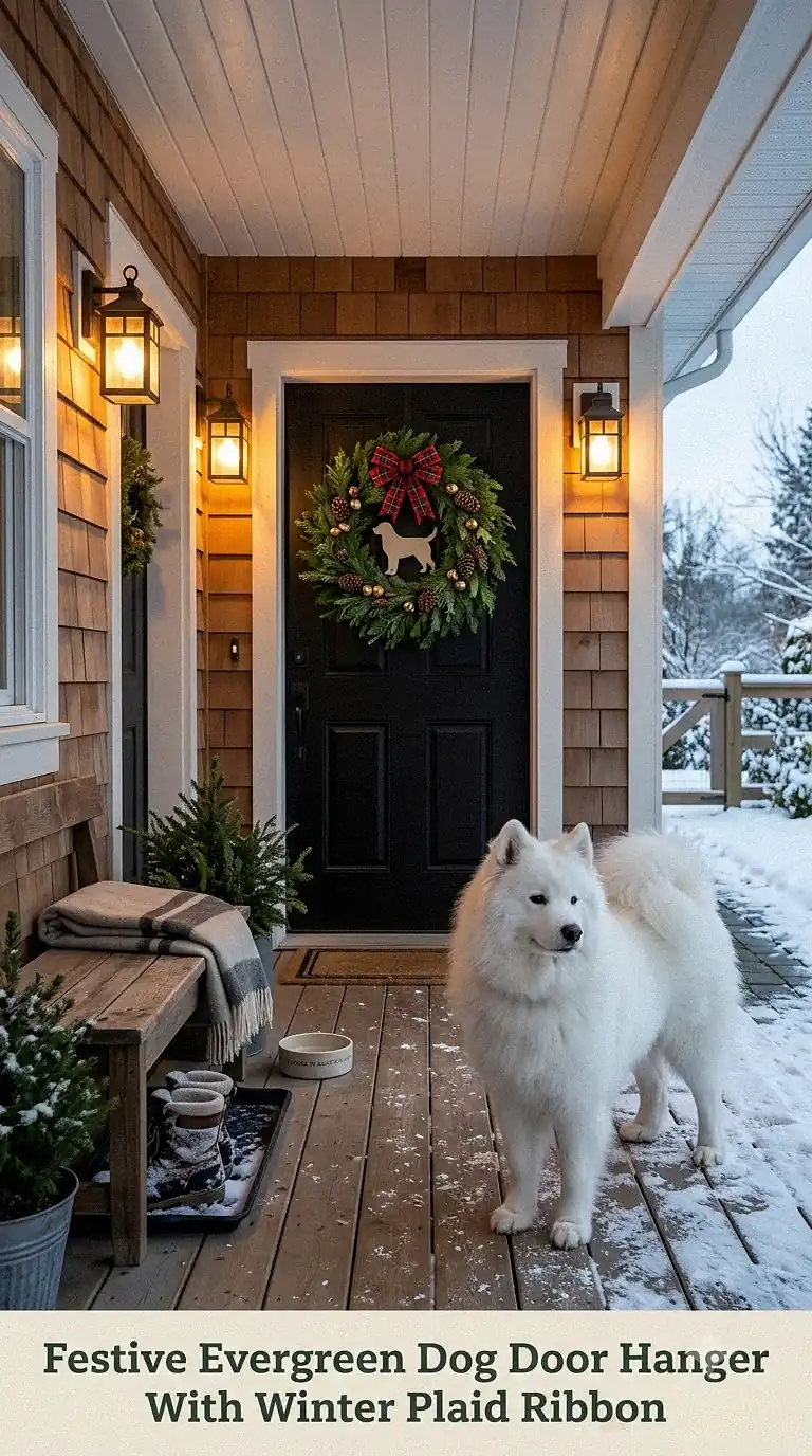 Festive Evergreen Dog Door Hanger With Winter Plaid Ribbon
