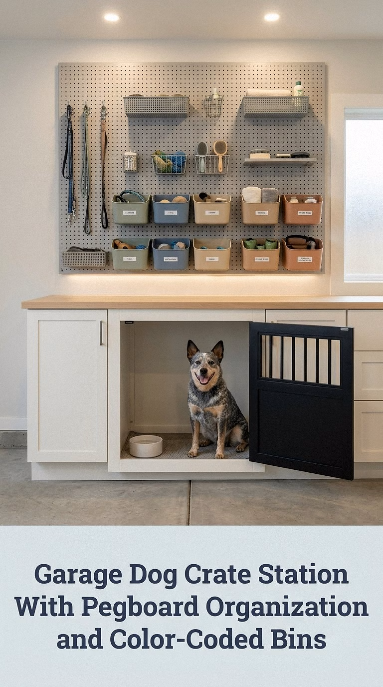 Garage Dog Crate Station With Pegboard Organization and Color-Coded Bins