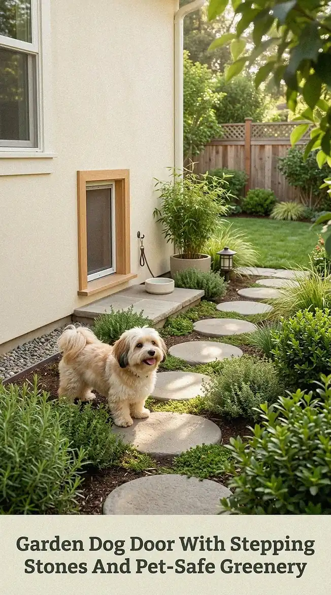 Garden Dog Door With Stepping Stones And Pet-Safe Greenery