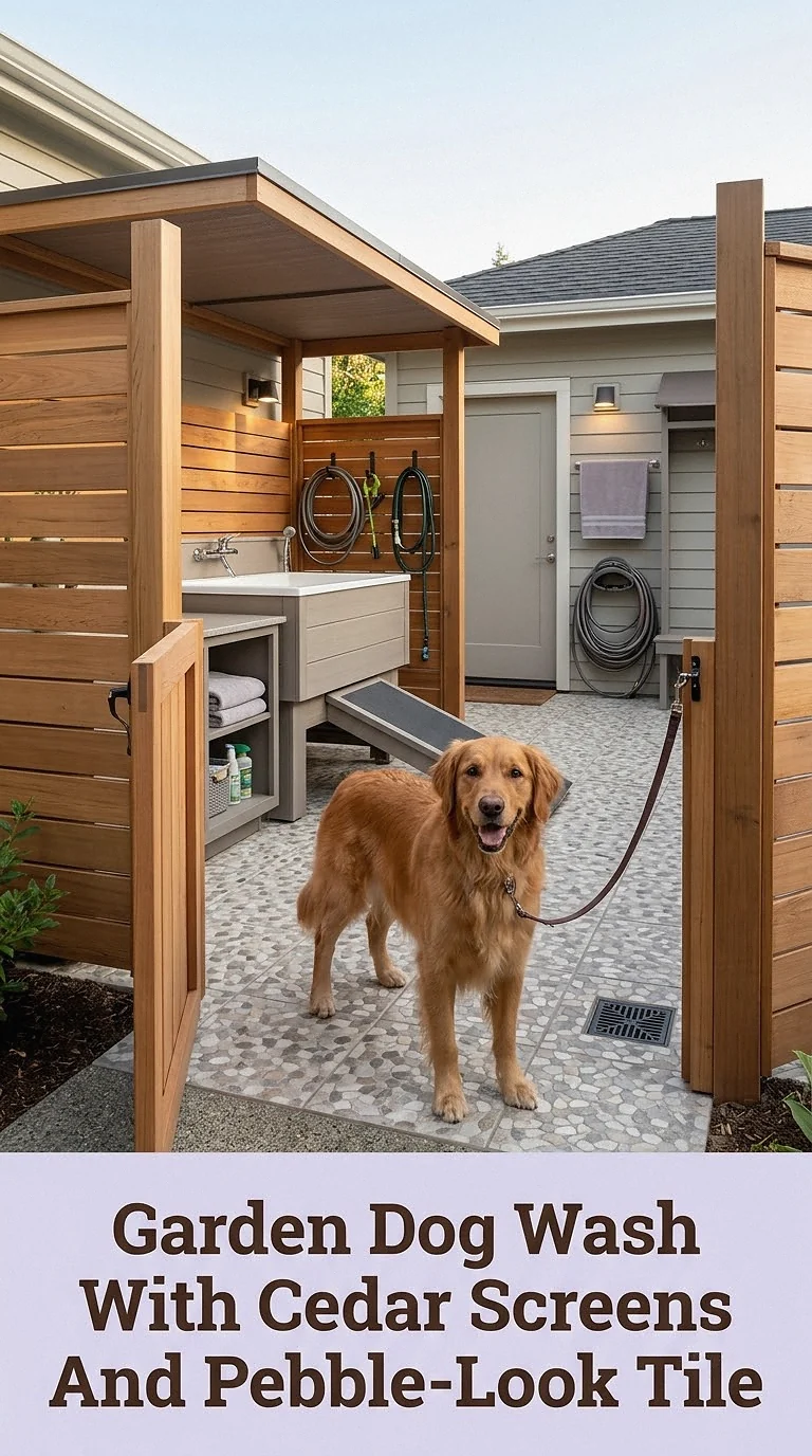 Garden Dog Wash With Cedar Screens And Pebble-Look Tile
