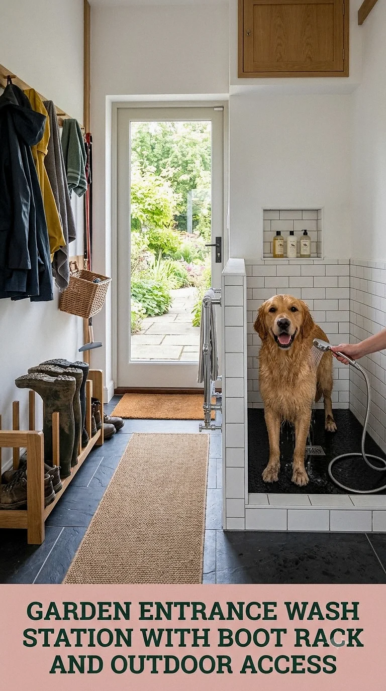 Garden Entrance Wash Station With Boot Rack And Outdoor Access