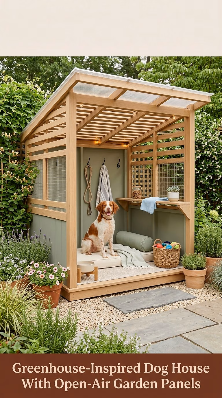 18. Greenhouse-Inspired Dog House With Open-Air Garden Panels