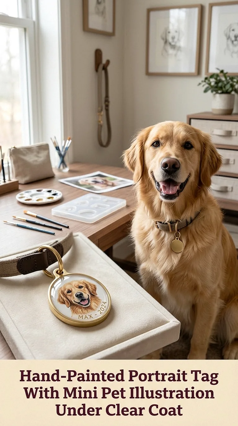 Hand-Painted Portrait Tag With Mini Pet Illustration Under Clear Coat