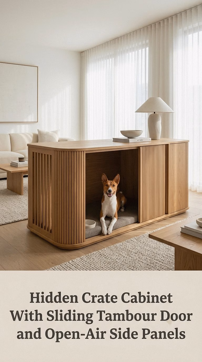 Hidden Crate Cabinet With Sliding Tambour Door and Open-Air Side Panels