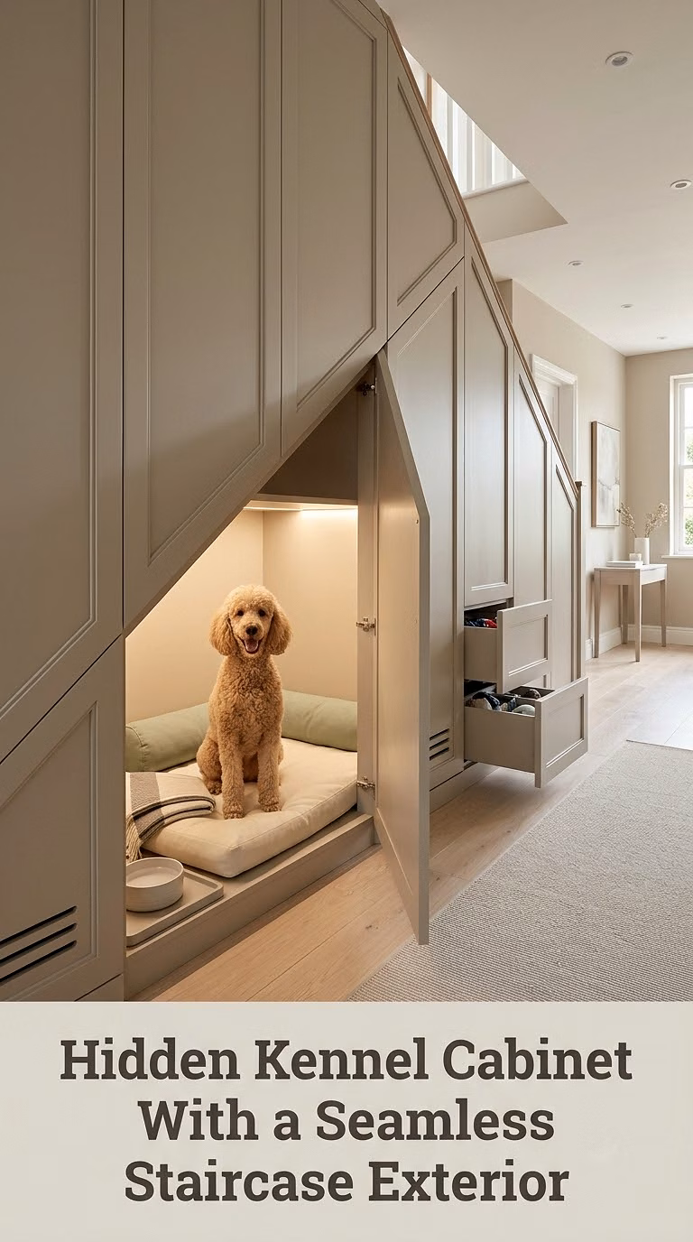 Hidden Kennel Cabinet With a Seamless Staircase Exterior