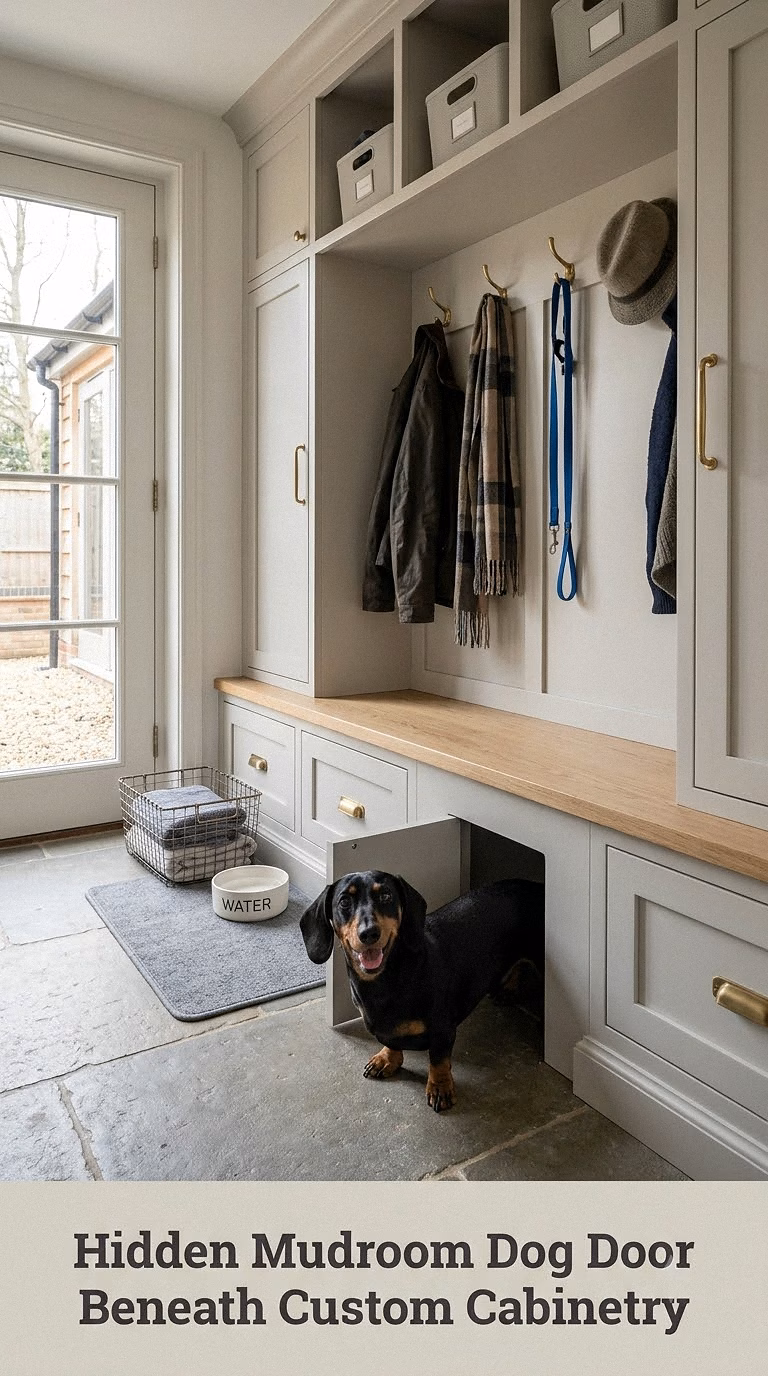 Hidden Mudroom Dog Door Beneath Custom Cabinetry