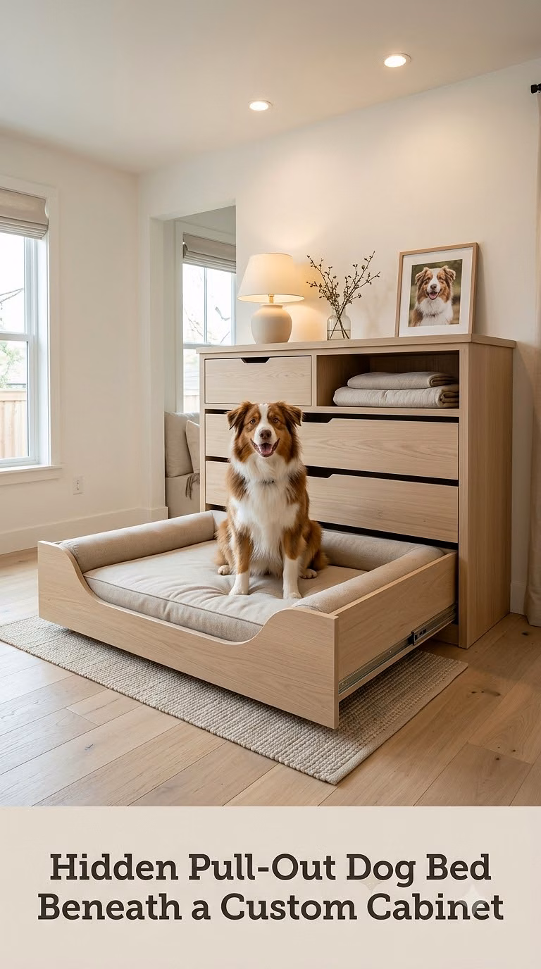 Hidden Pull-Out Dog Bed Beneath a Custom Cabinet