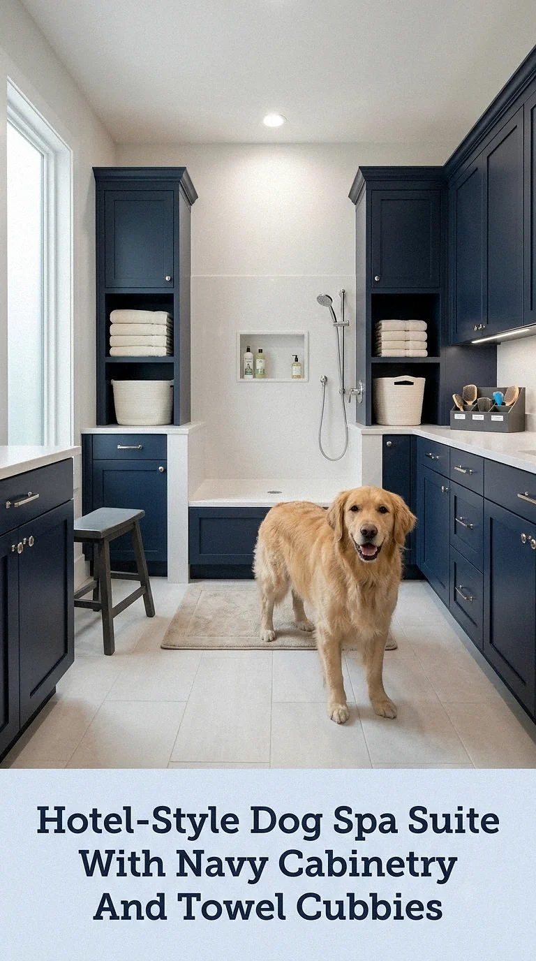 Hotel-Style Dog Spa Suite With Navy Cabinetry And Towel Cubbies