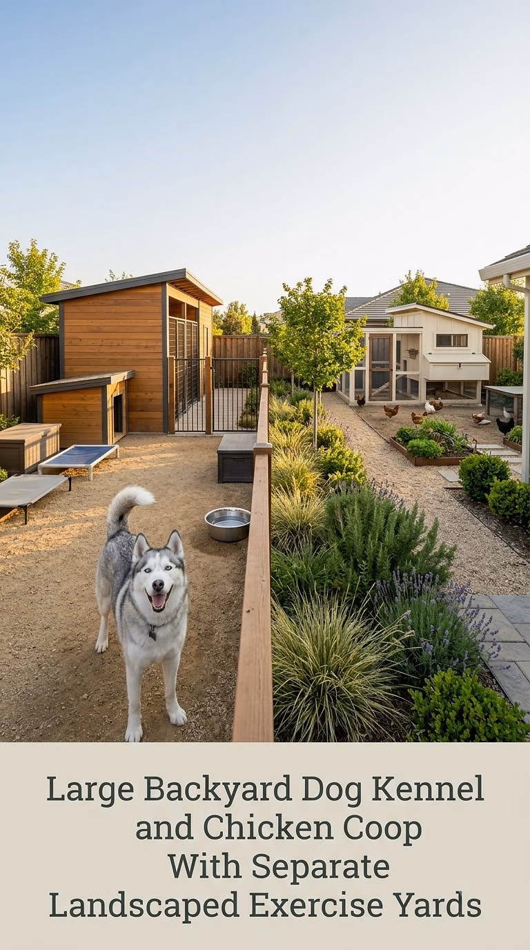 Large Backyard Dog Kennel and Chicken Coop With Separate Landscaped Exercise Yards