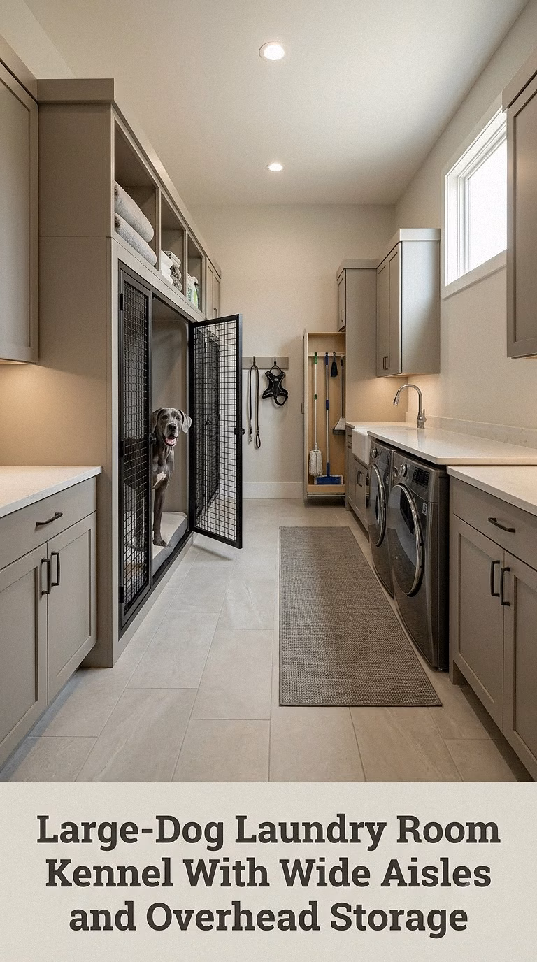 Large-Dog Laundry Room Kennel With Wide Aisles and Overhead Storage