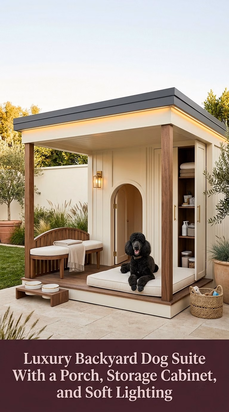 18. Luxury Backyard Dog Suite With a Porch, Storage Cabinet, and Soft Lighting