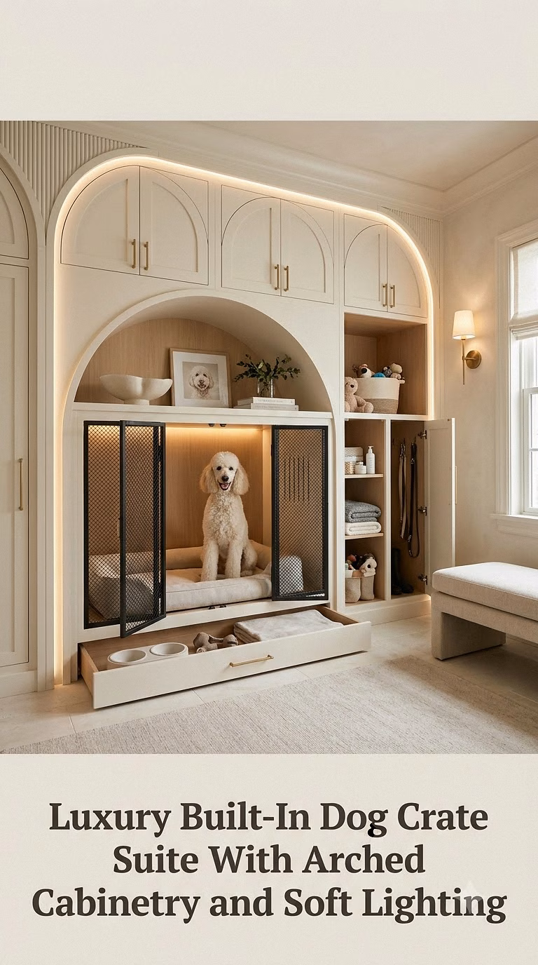 Luxury Built-In Dog Crate Suite With Arched Cabinetry and Soft Lighting