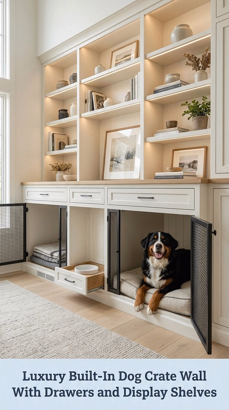 Luxury Built-In Dog Crate Wall With Drawers and Display Shelves