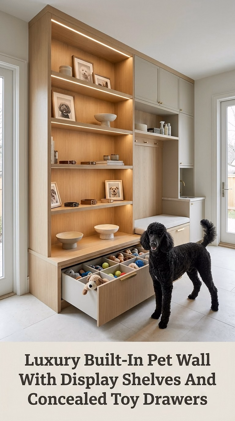 Luxury Built-In Pet Wall With Display Shelves And Concealed Toy Drawers