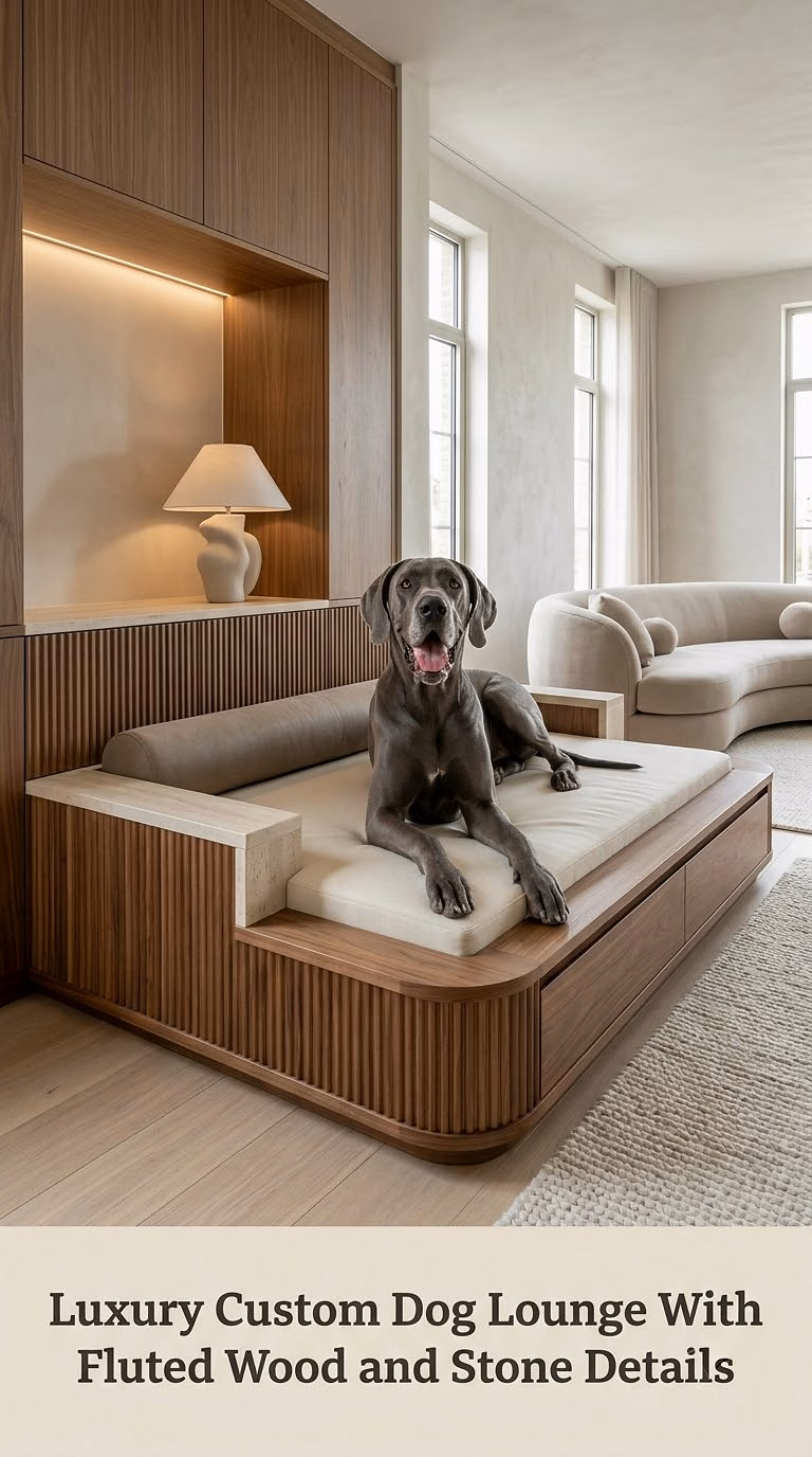 Luxury Custom Dog Lounge With Fluted Wood and Stone Details