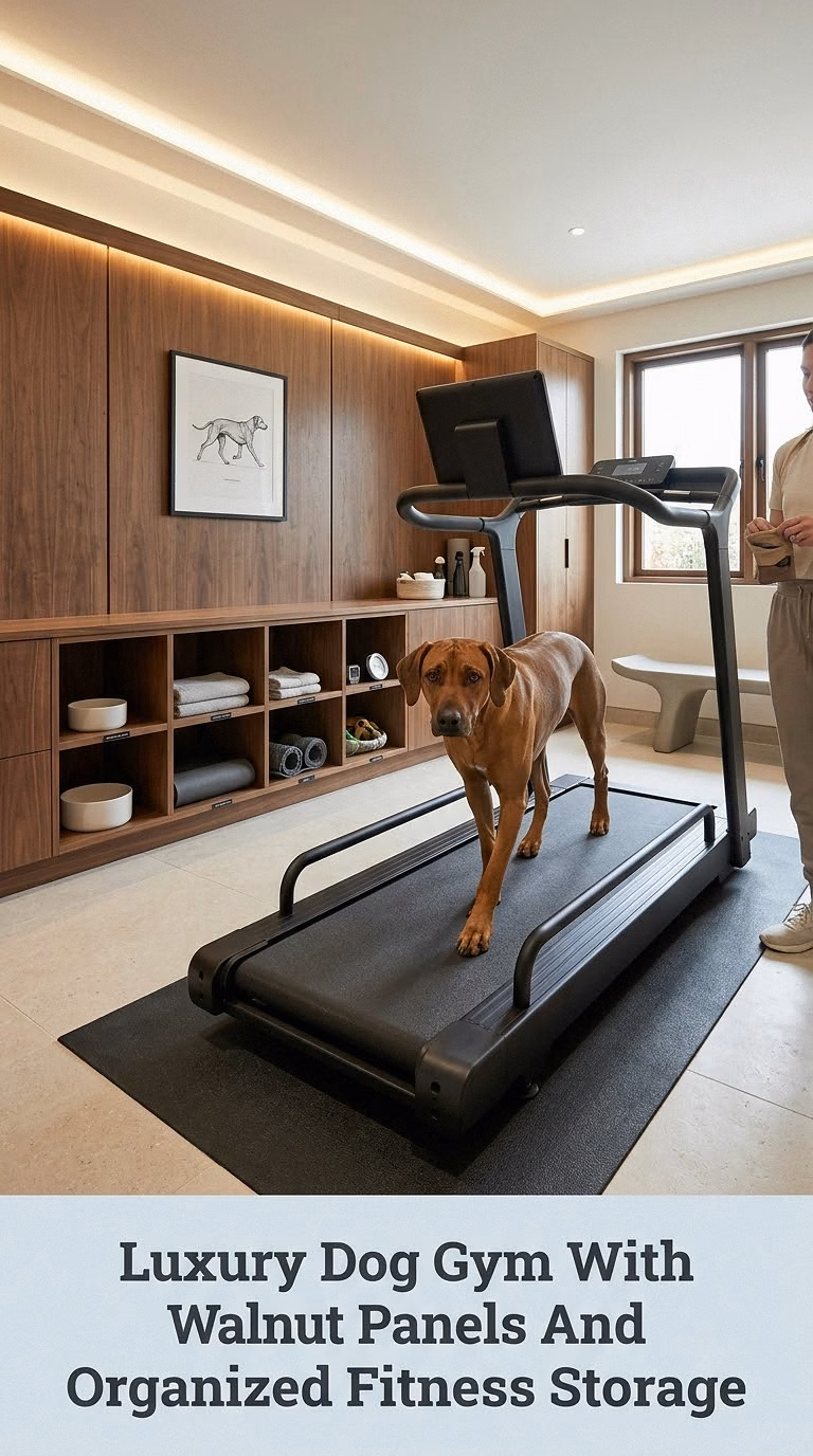 Luxury Dog Gym With Walnut Panels And Organized Fitness Storage