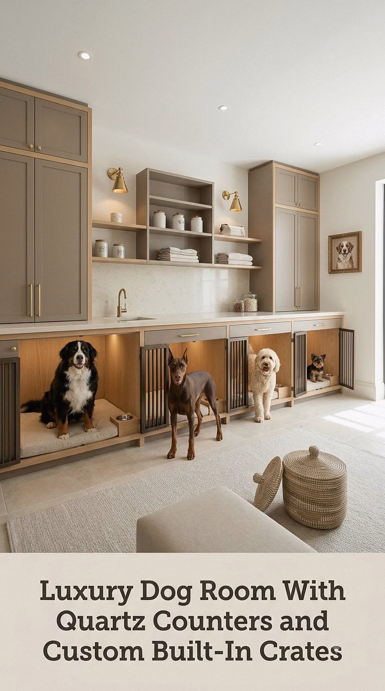 Luxury Dog Room With Quartz Counters and Custom Built-In Crates