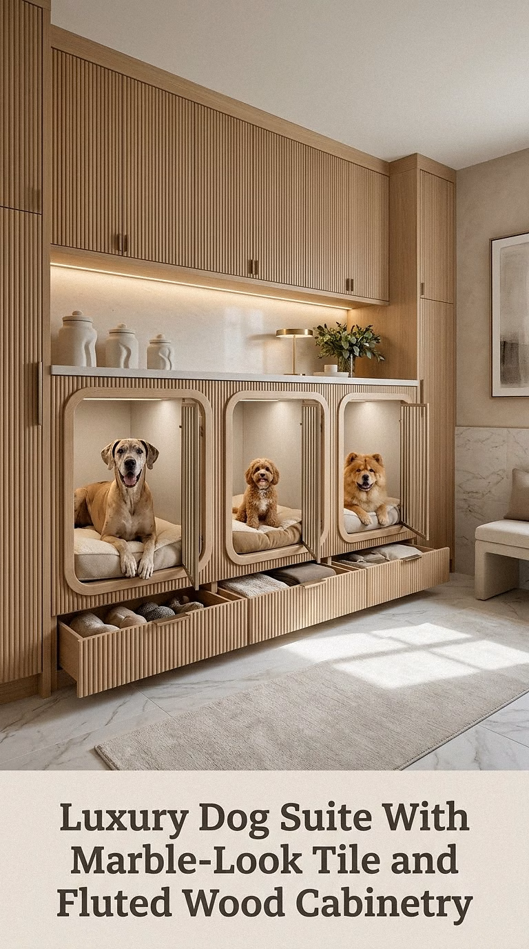Luxury Dog Suite With Marble-Look Tile and Fluted Wood Cabinetry