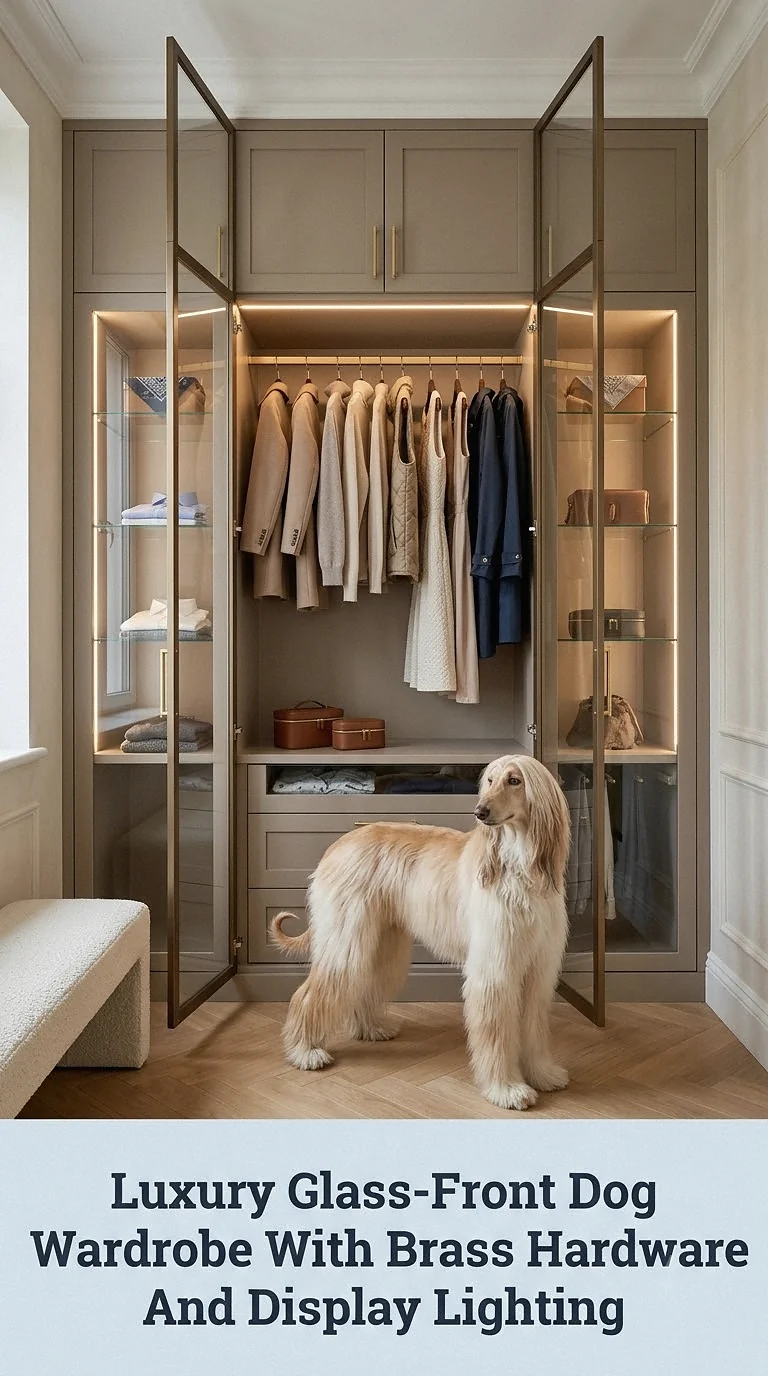 Luxury Glass-Front Dog Wardrobe With Brass Hardware And Display Lighting