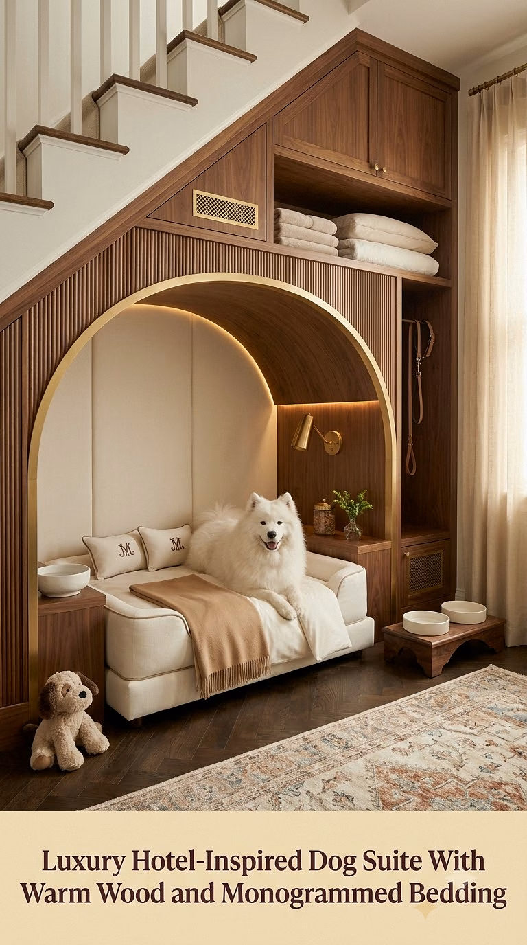 18. Luxury Hotel-Inspired Dog Suite With Warm Wood and Monogrammed Bedding
