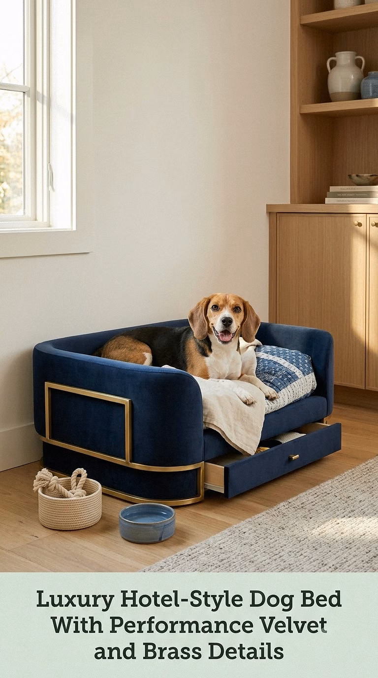 Luxury Hotel-Style Dog Bed With Performance Velvet and Brass Details