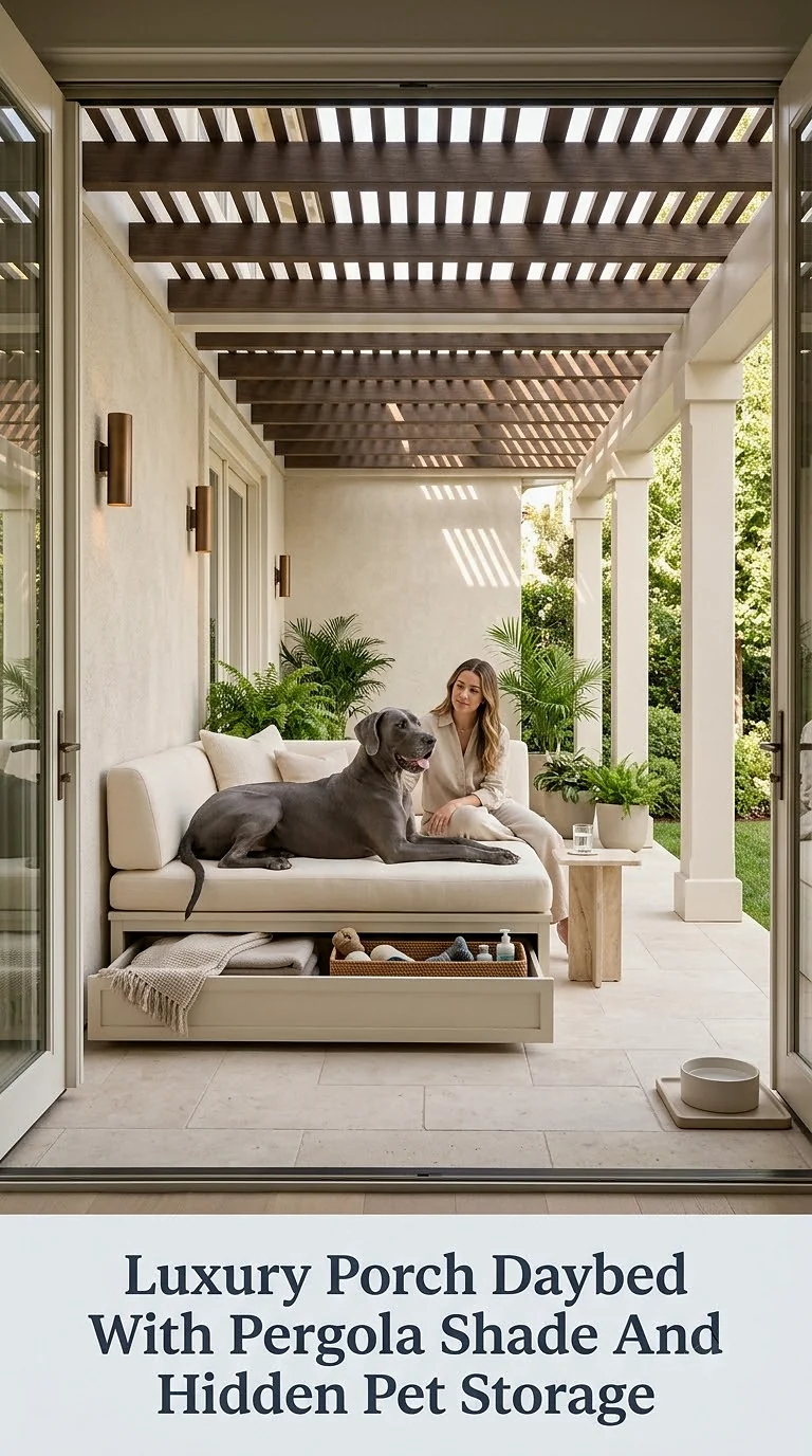 Luxury Porch Daybed With Pergola Shade And Hidden Pet Storage