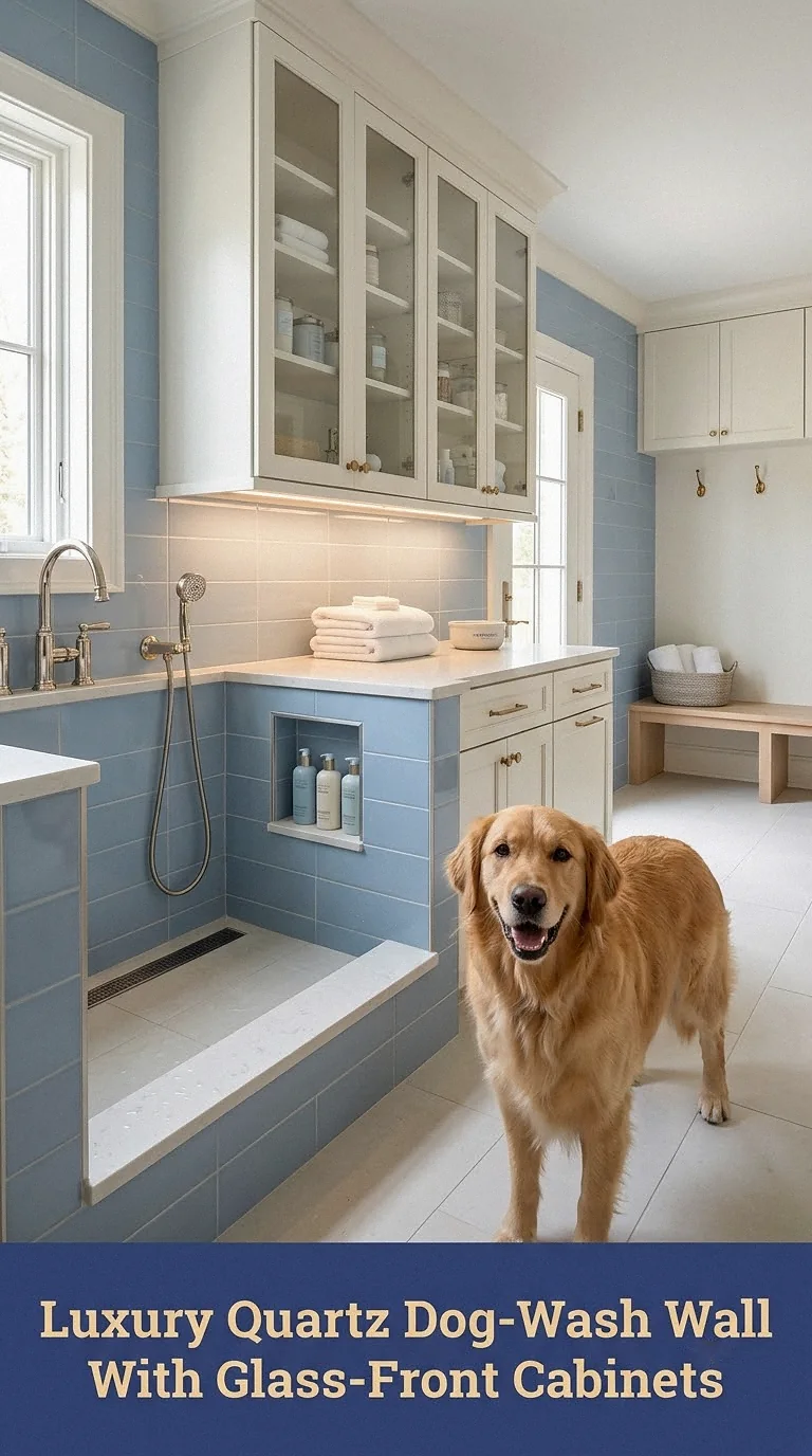 Luxury Quartz Dog-Wash Wall With Glass-Front Cabinets