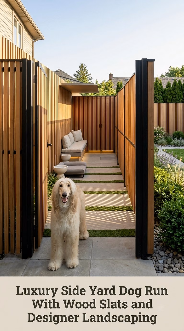 Luxury Side Yard Dog Run With Wood Slats and Designer Landscaping